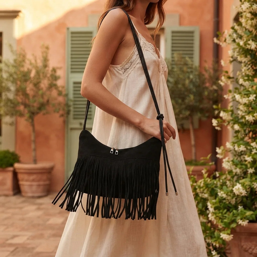 Woman wearing Black vintage suede fringe bag with swaying fringe