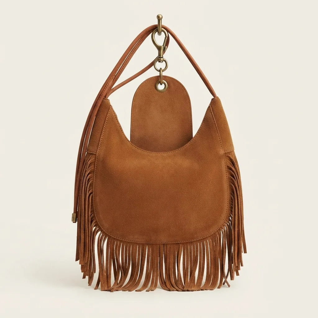 Back panel of Brown vintage suede fringe bag with strap attachments