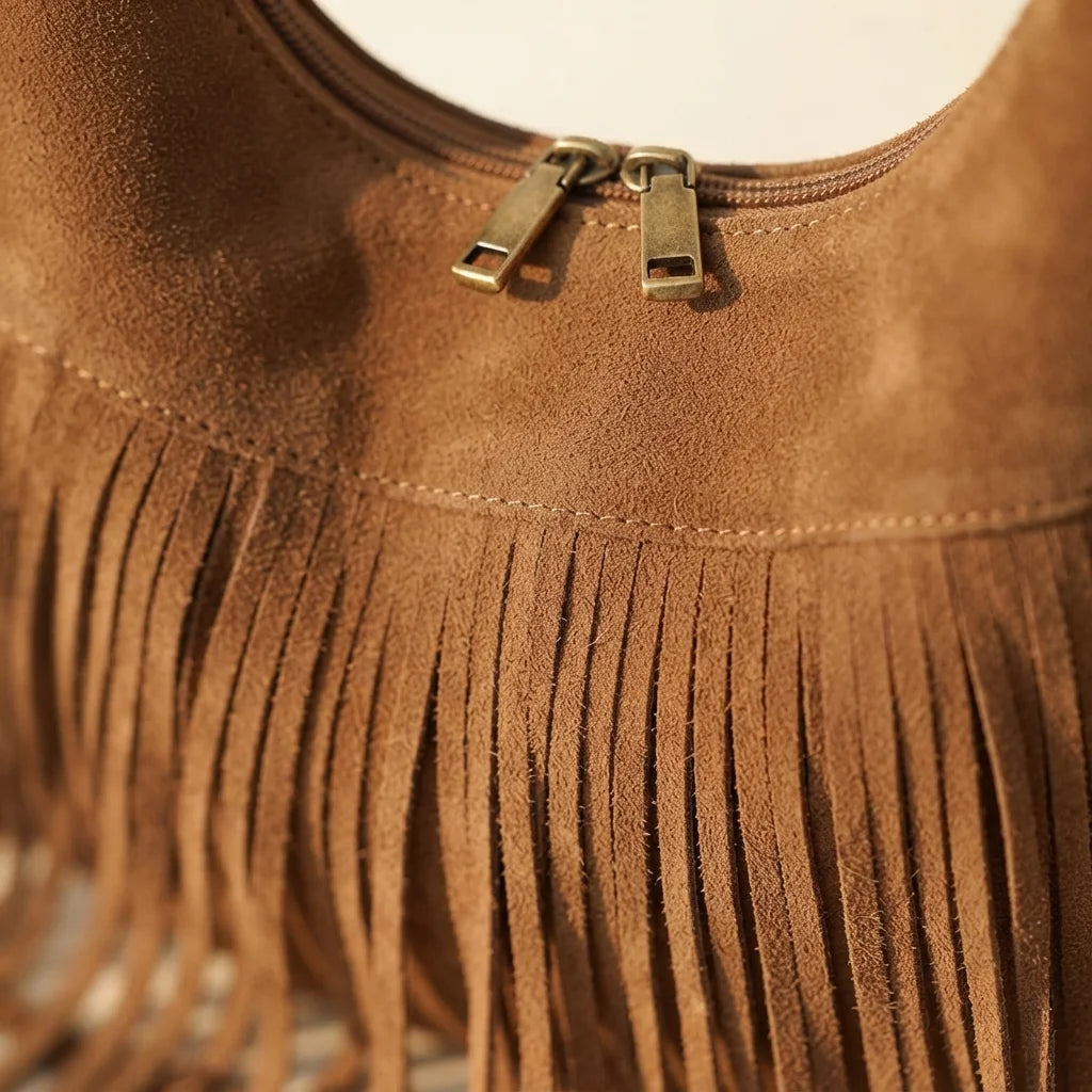 Close-up of fringe stitching and texture on Brown vintage suede fringe bag