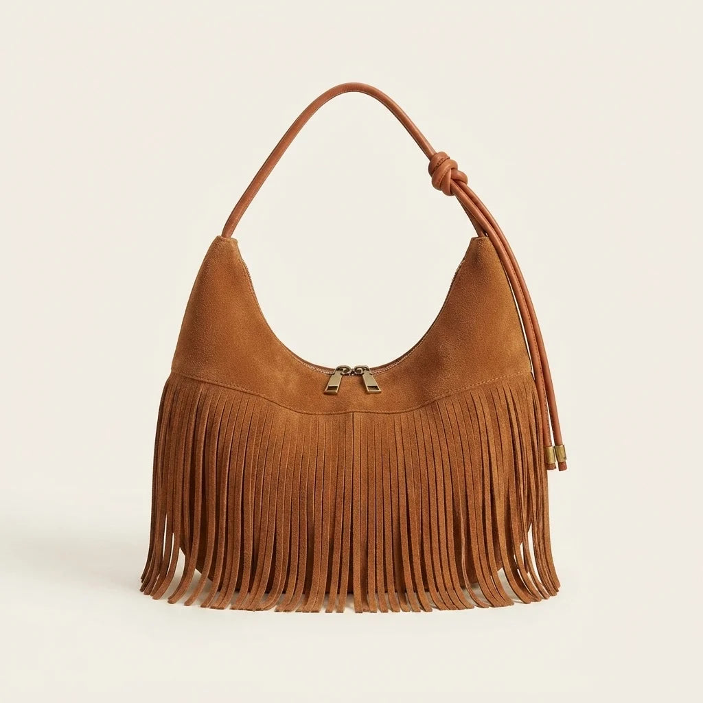 Brown vintage suede fringe bag, front view