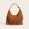 Brown vintage suede fringe bag, front view