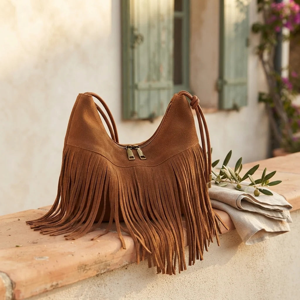 Brown vintage suede fringe bag styled in a warm Mediterranean setting
