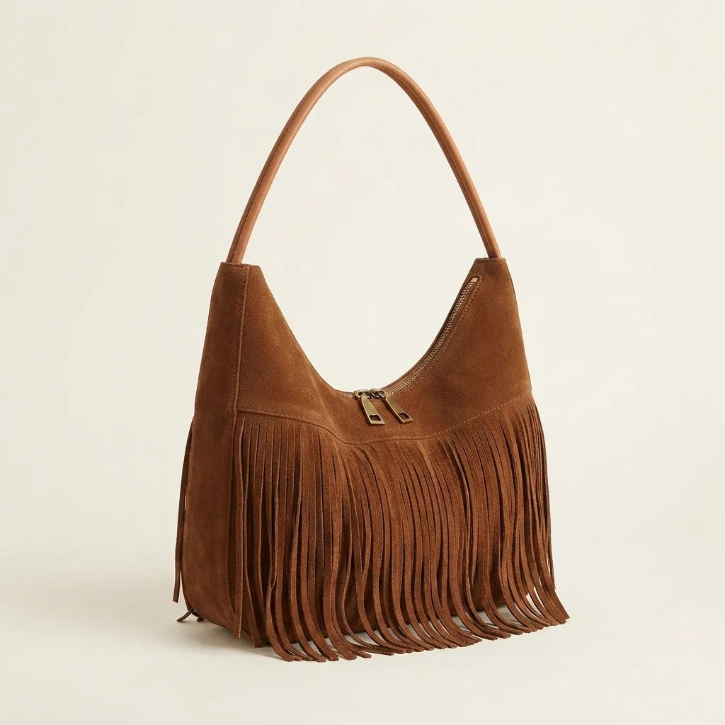Brown vintage suede fringe bag, three-quarter angle showing side depth