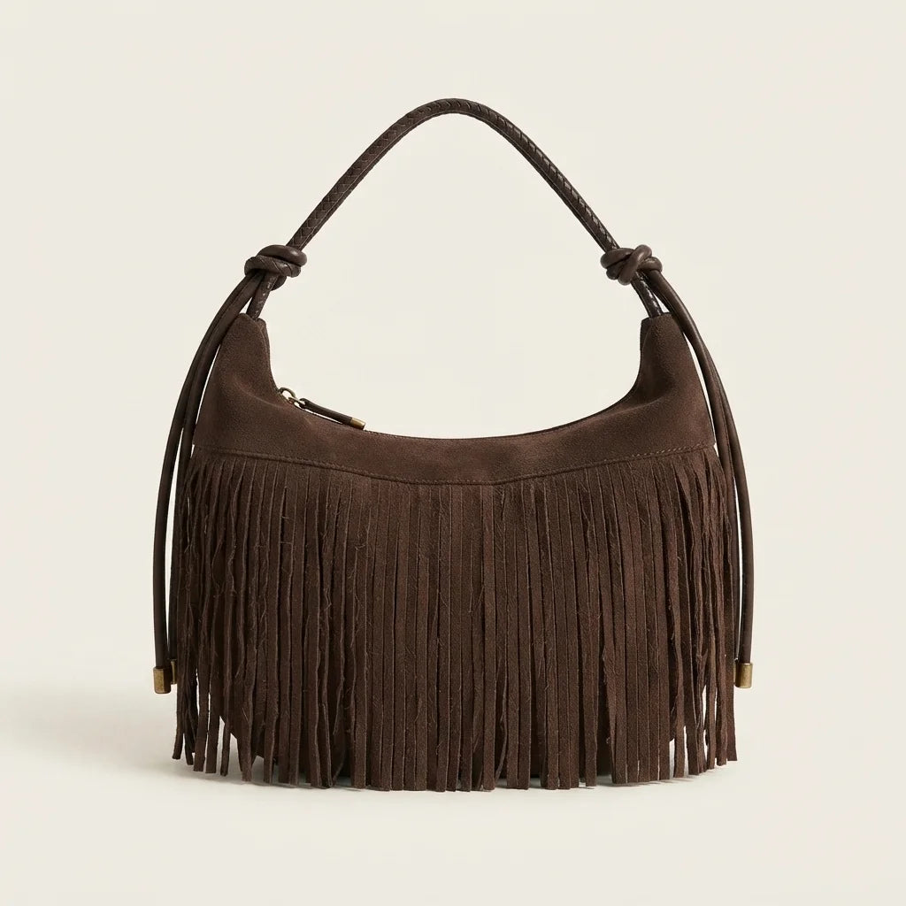 Coffee vintage suede fringe bag, front view