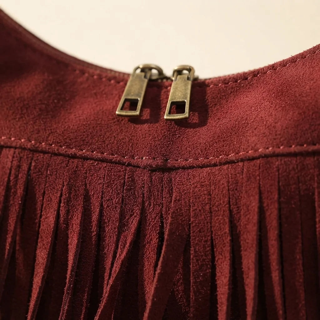 Close-up of fringe stitching and texture on Red vintage suede fringe bag