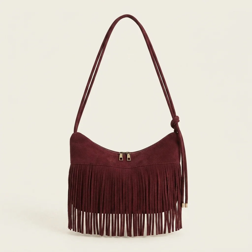 Red vintage suede fringe bag, front view