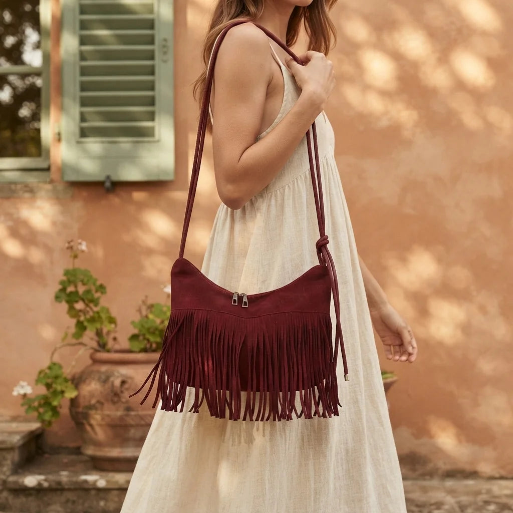 Woman wearing Red vintage suede fringe bag with swaying fringe