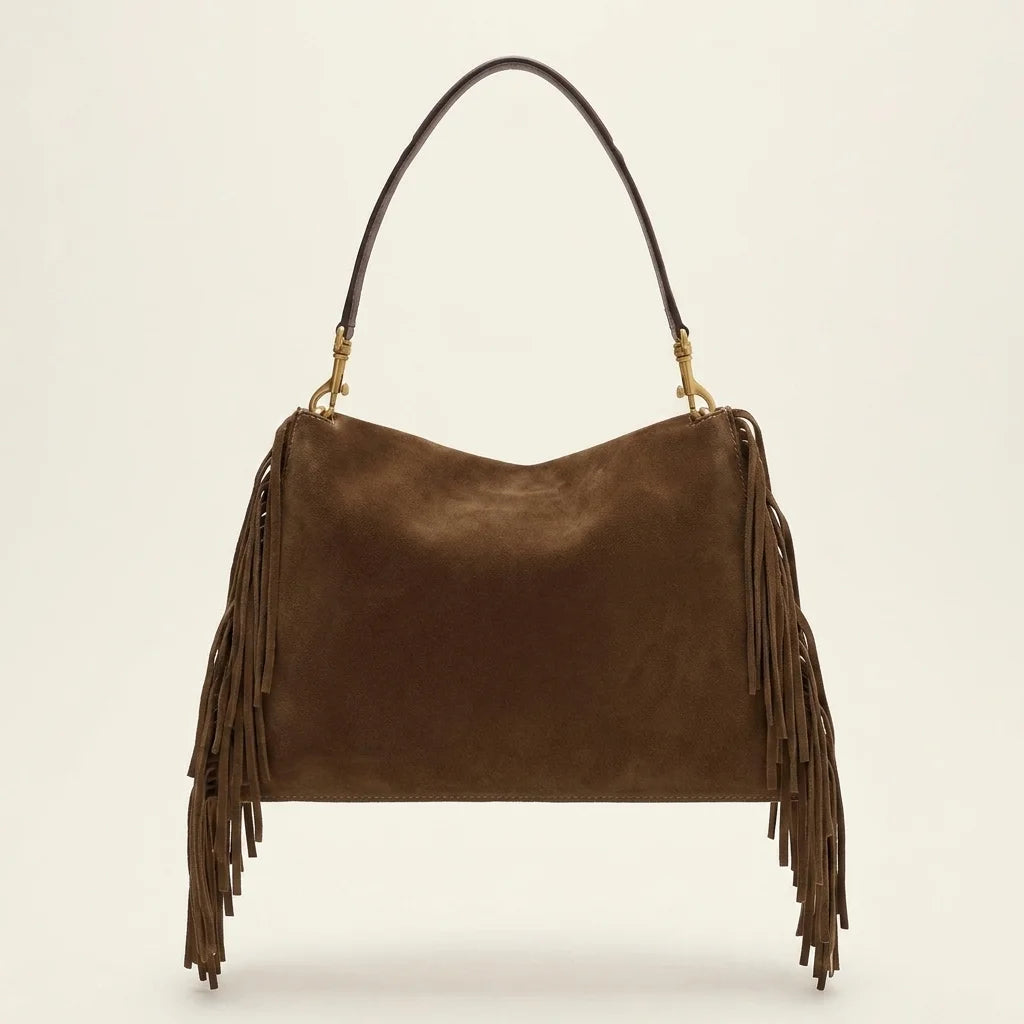 Back panel of Brown western fringed hobo bags with strap attachments