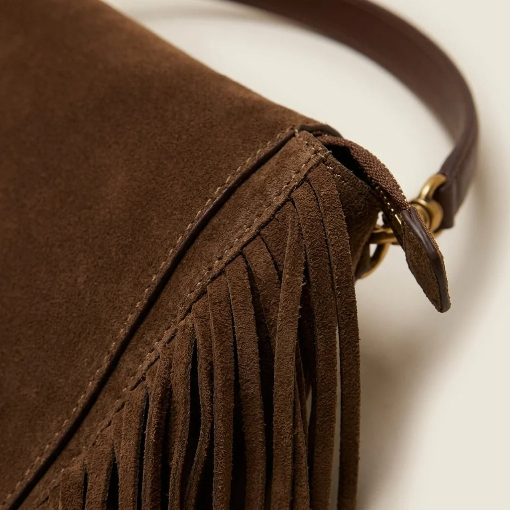 Close-up of fringe stitching and texture on Brown western fringed hobo bags