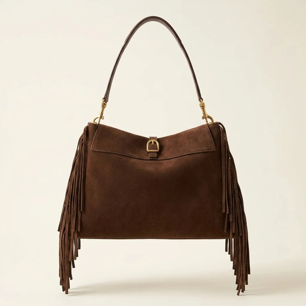 Brown western fringed hobo bags, front view