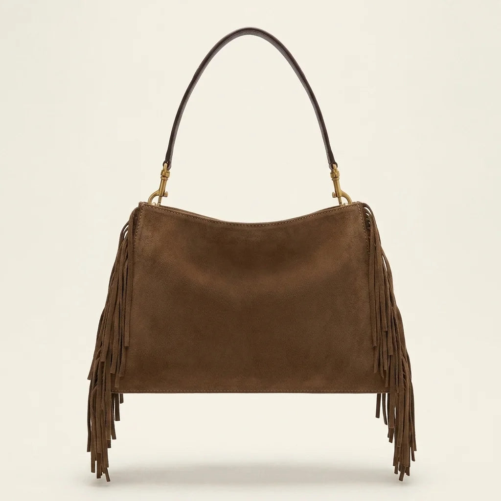 Back panel of Coffee western fringed hobo bags with strap attachments