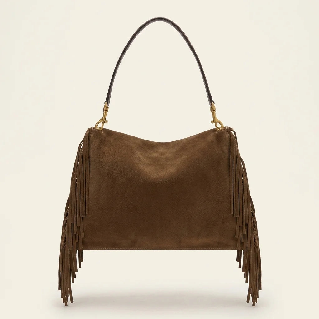 Coffee western fringed hobo bags, front view