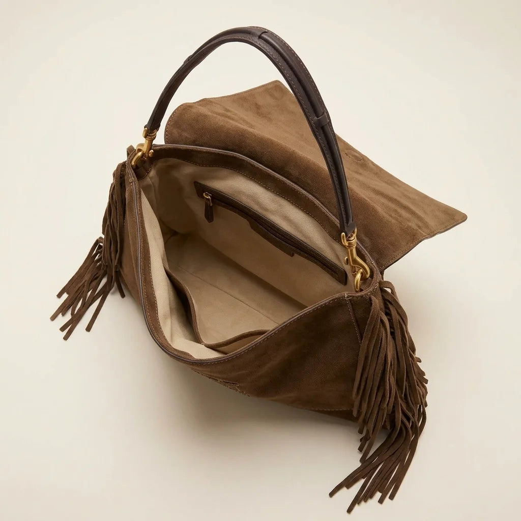 Interior lining and pockets of Coffee western fringed hobo bags