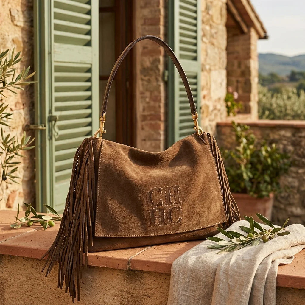 Coffee western fringed hobo bags styled in a warm Mediterranean setting