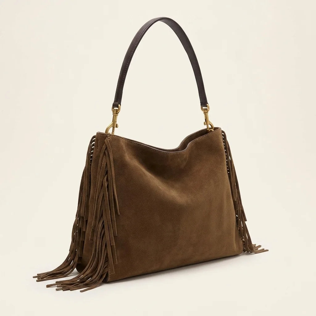 Coffee western fringed hobo bags, three-quarter angle showing side depth