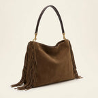 Coffee western fringed hobo bags, three-quarter angle showing side depth