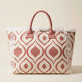 Pink & White white fringe beach bag, front view