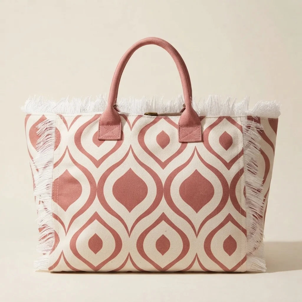Pink & White white fringe beach bag, front view