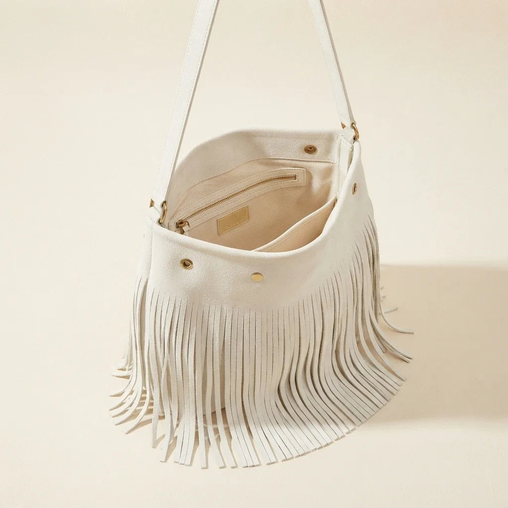 Interior lining and pockets of White white fringe bucket bag