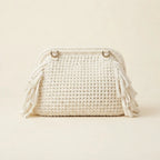 Back panel of White white fringe clutch bag with strap attachments