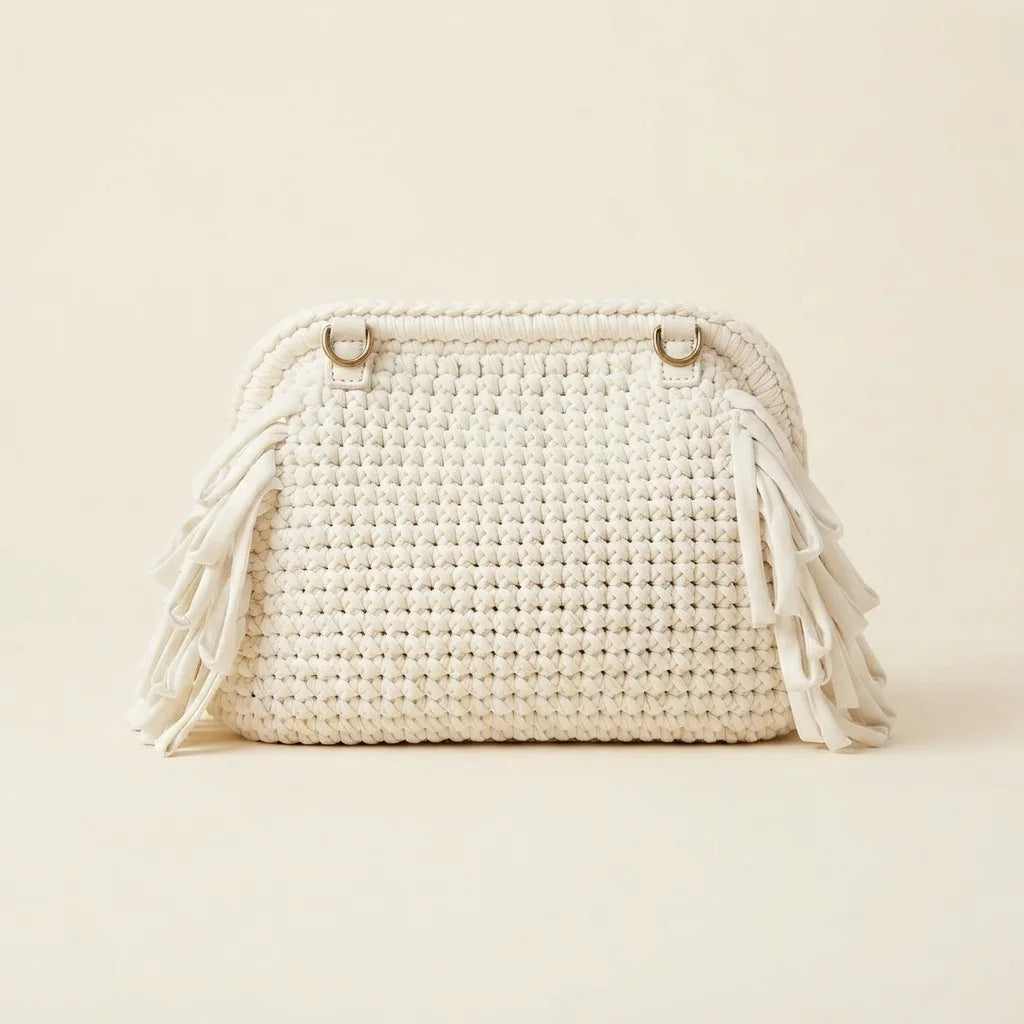 Back panel of White white fringe clutch bag with strap attachments