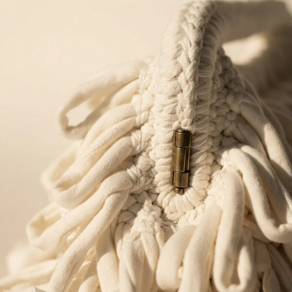 Close-up of fringe stitching and texture on White white fringe clutch bag
