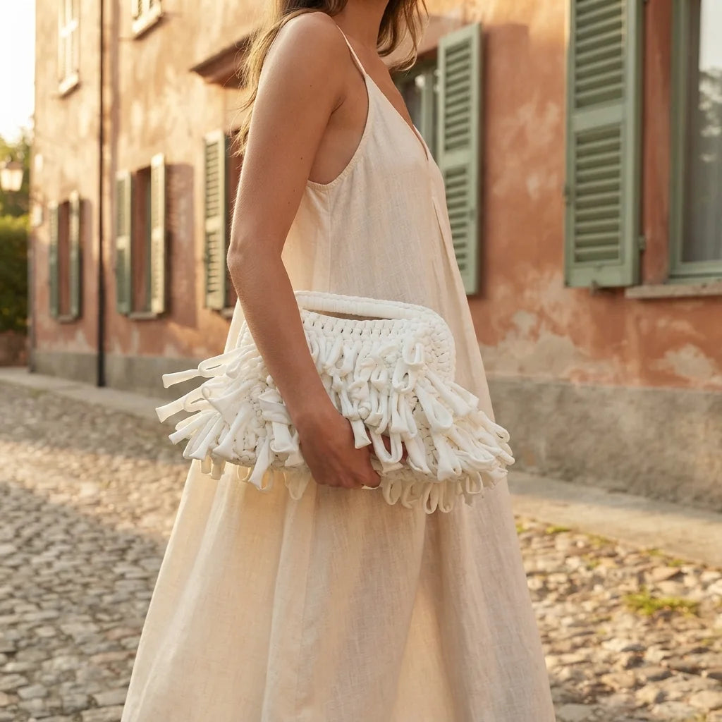 Woman wearing White white fringe clutch bag with swaying fringe