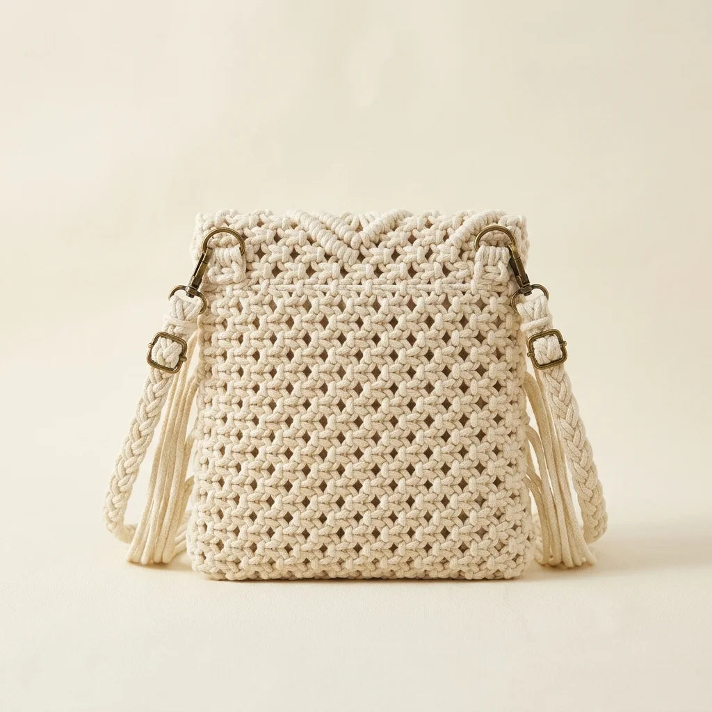 Back panel of White white fringe crossbody bag with strap attachments