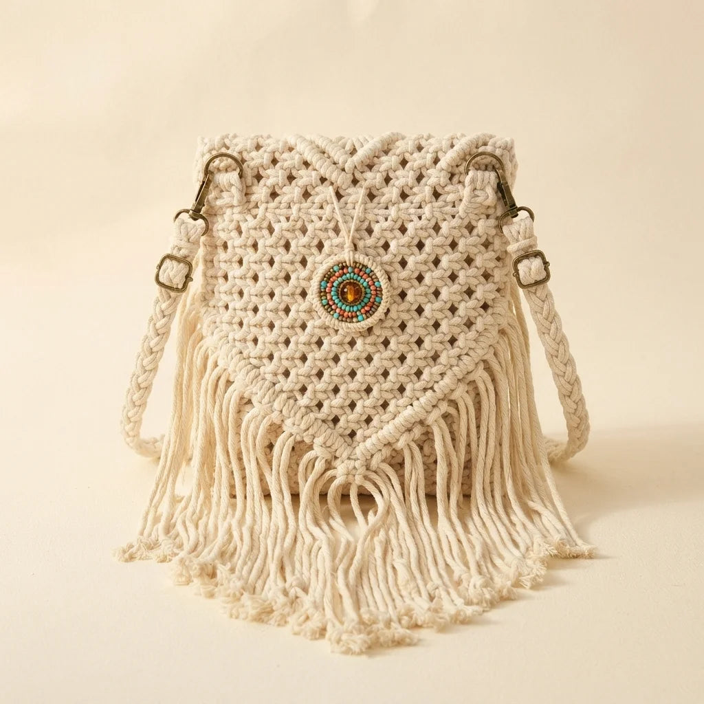 White white fringe crossbody bag, front view
