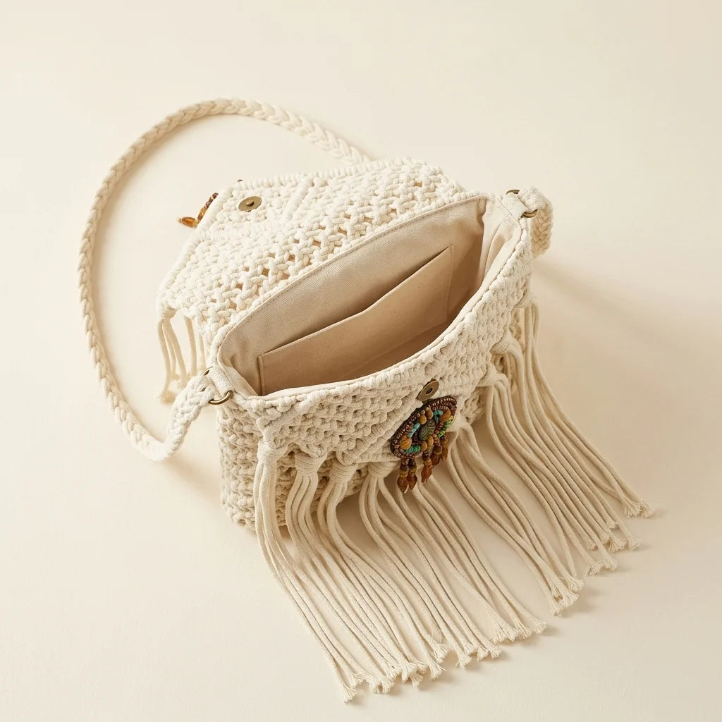 Interior lining and pockets of White white fringe crossbody bag