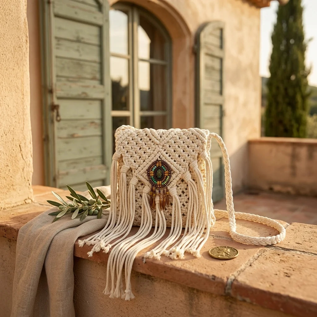 White white fringe crossbody bag styled in a warm Mediterranean setting