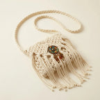 White white fringe crossbody bag, three-quarter angle showing side depth
