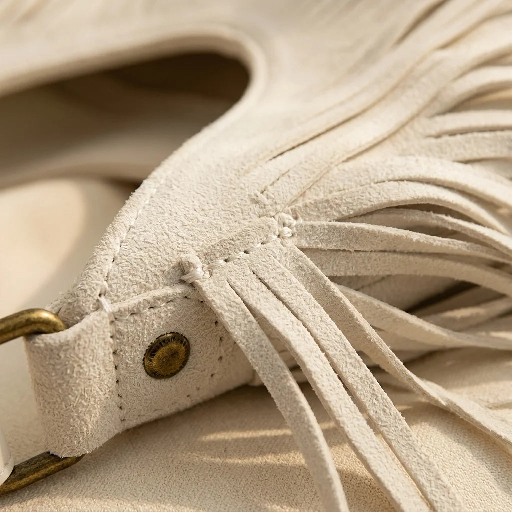 Close-up of fringe stitching and texture on White white fringe hobo bag
