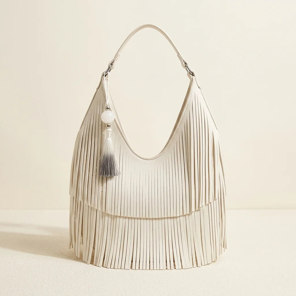 White white fringe hobo bag, front view