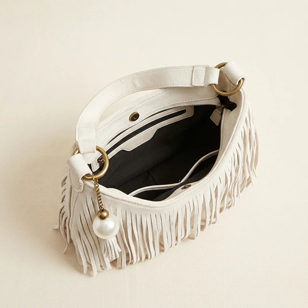 Interior lining and pockets of White white fringe hobo bag
