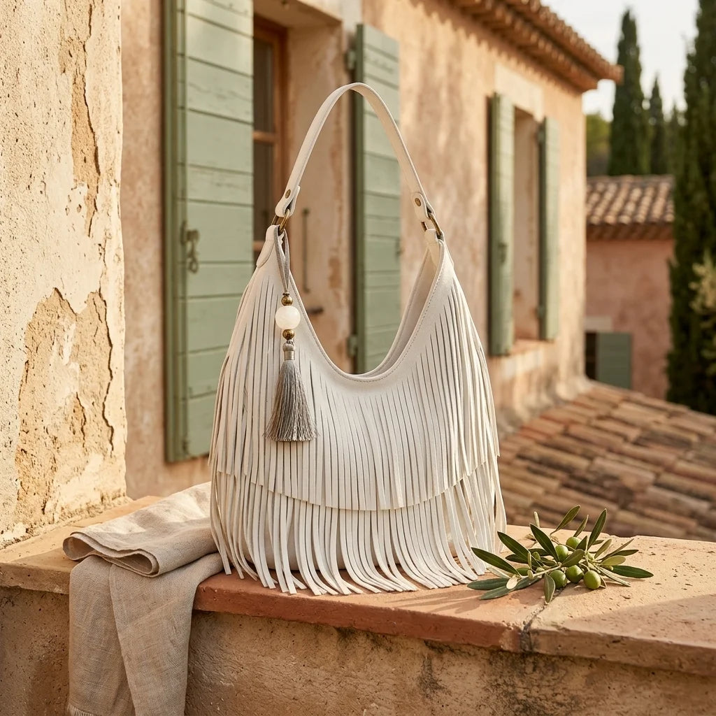 White white fringe hobo bag styled in a warm Mediterranean setting