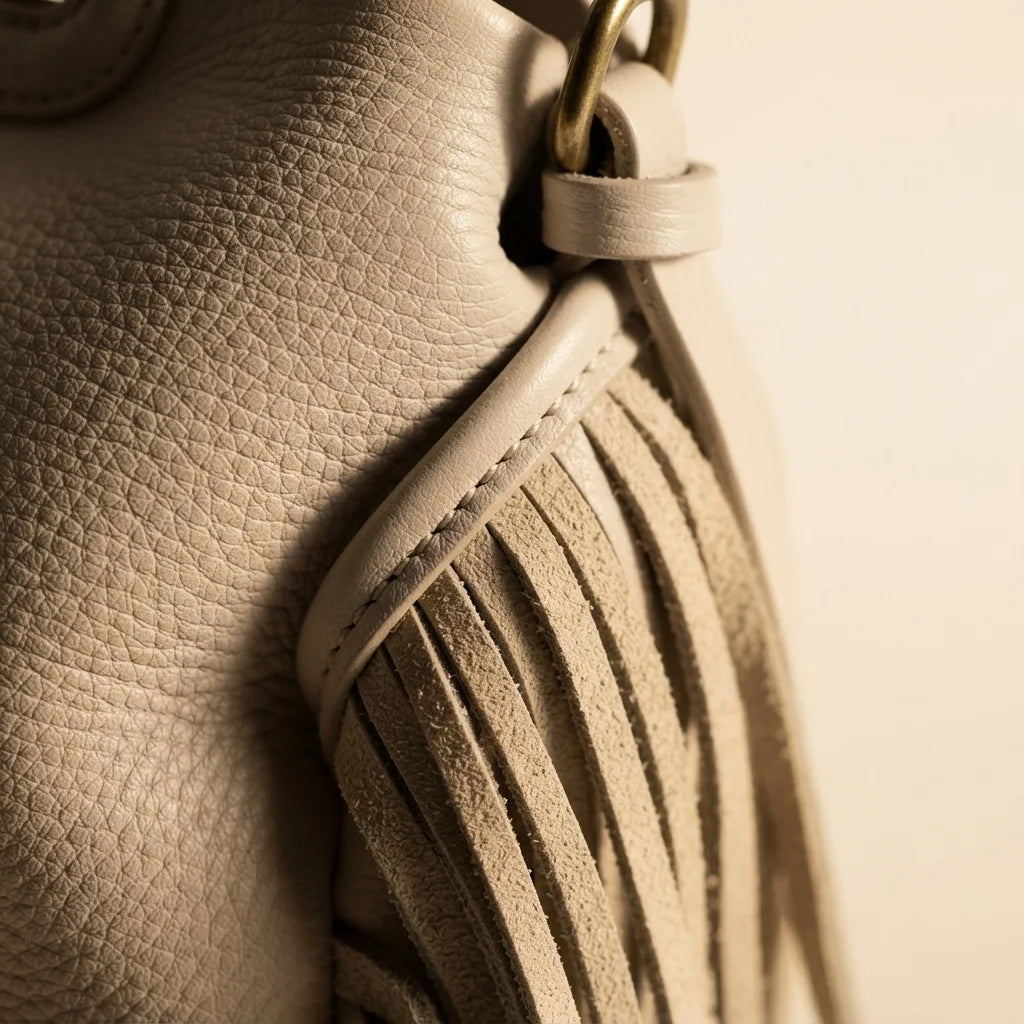 Close-up of fringe stitching and texture on Cream white fringe shoulder bag