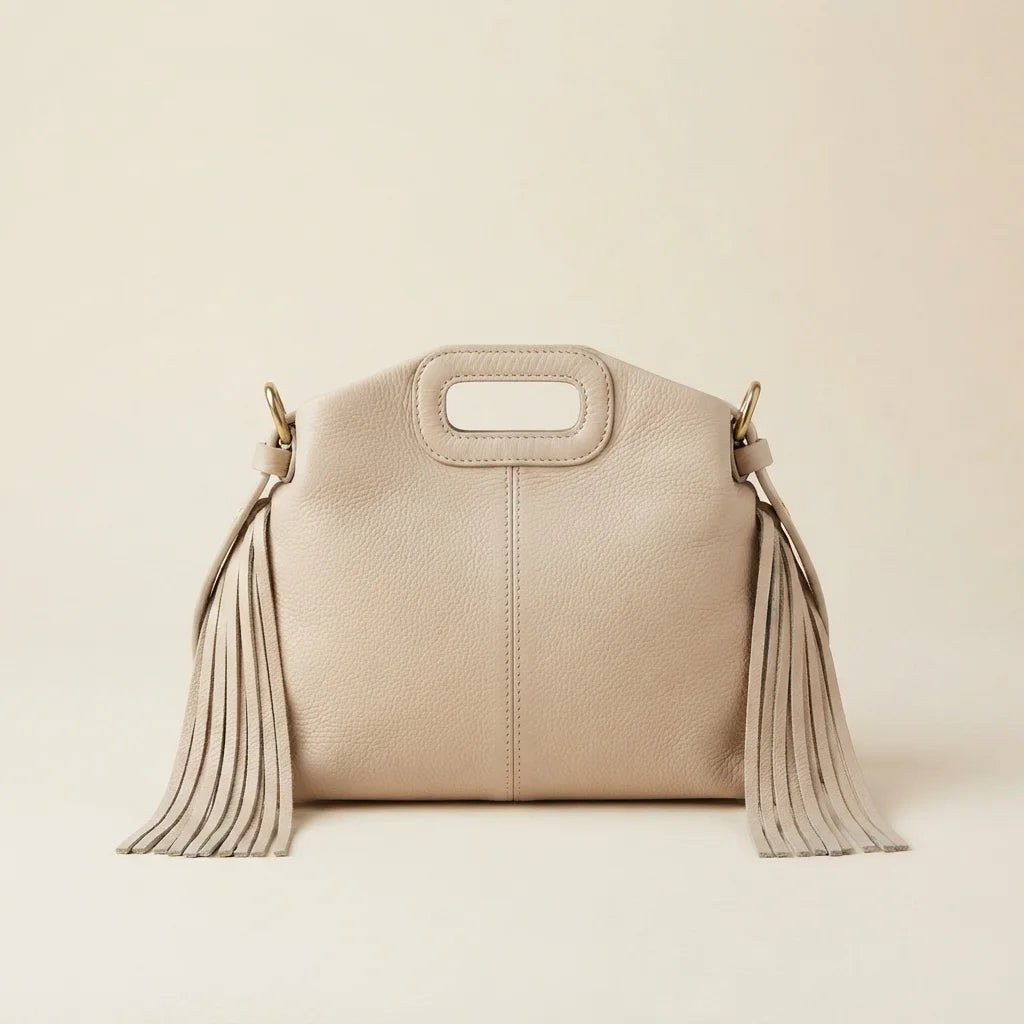 Cream white fringe shoulder bag, front view