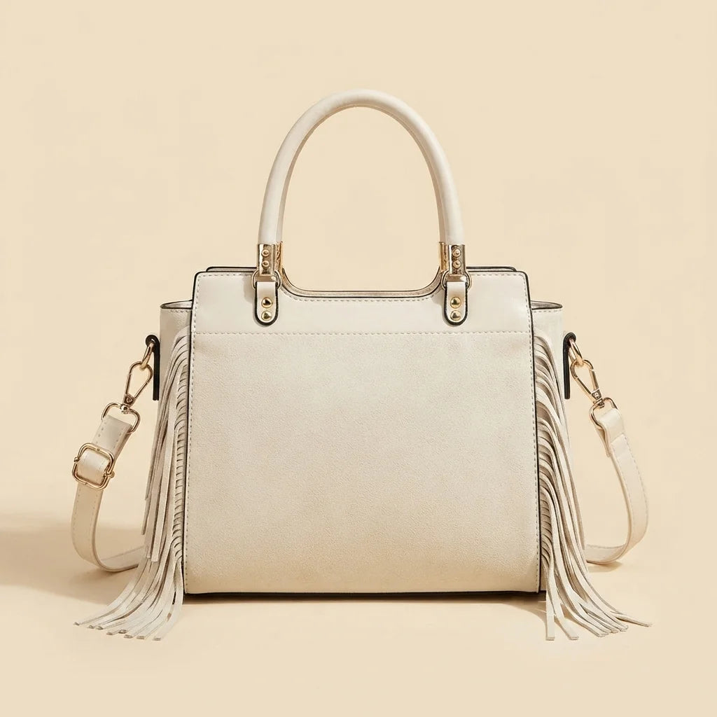 Back panel of Ivory white fringe tote bag with strap attachments