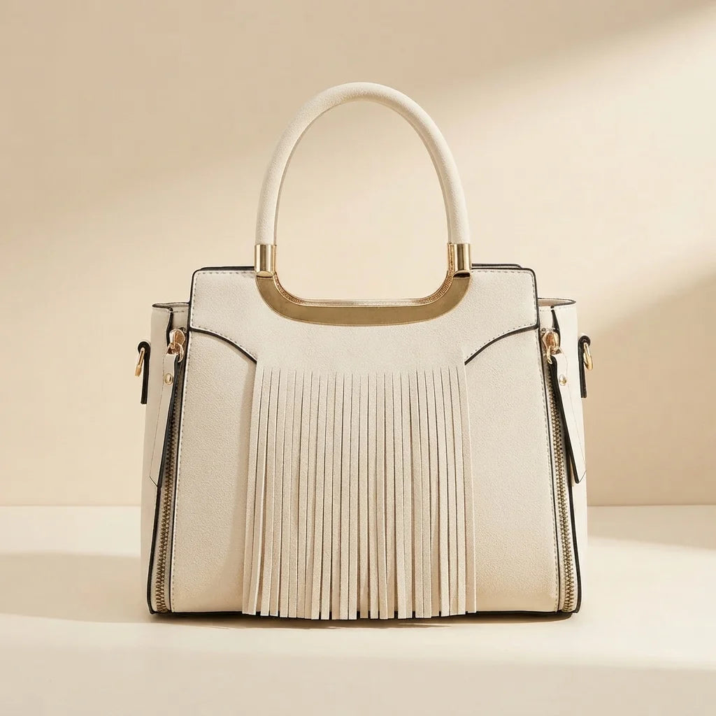 Ivory white fringe tote bag, front view