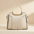 Ivory white fringe tote bag, front view