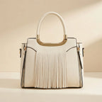 Ivory white fringe tote bag, front view