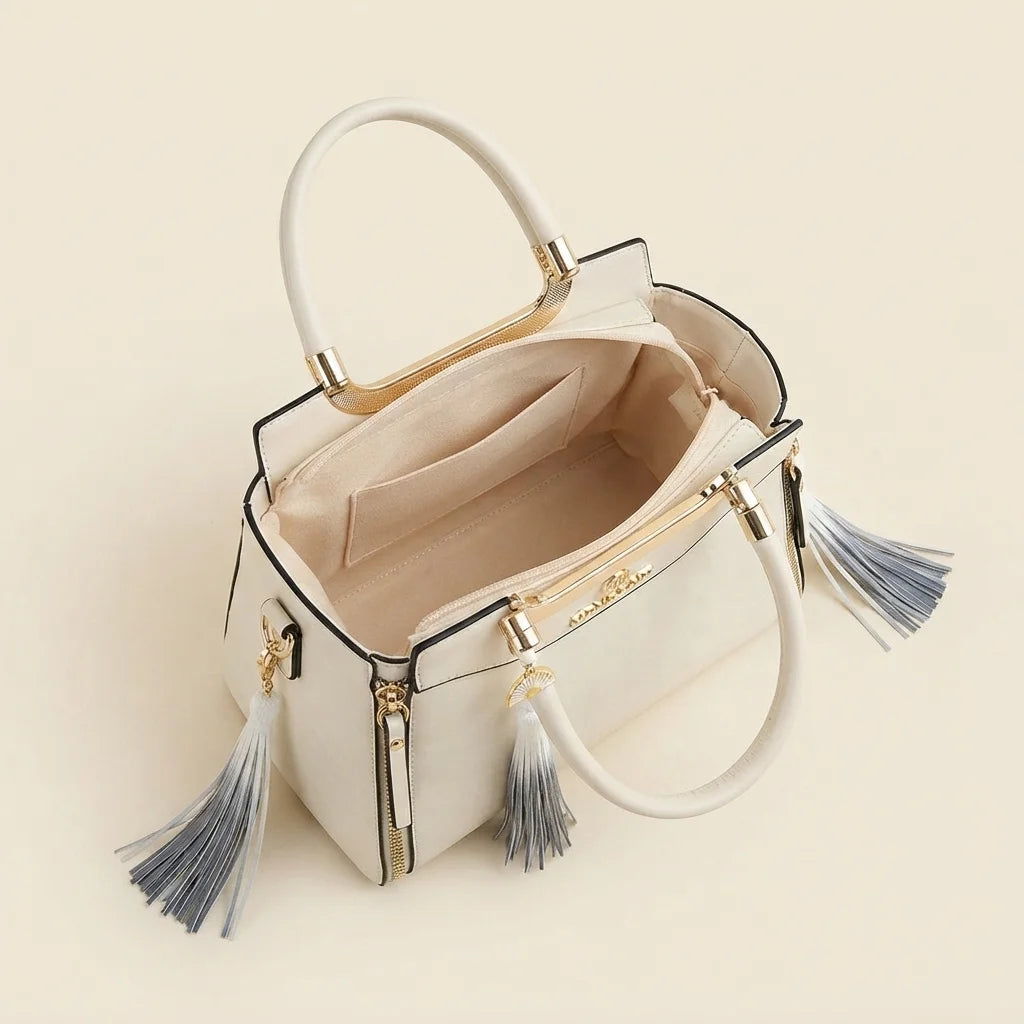 Interior lining and pockets of Ivory white fringe tote bag