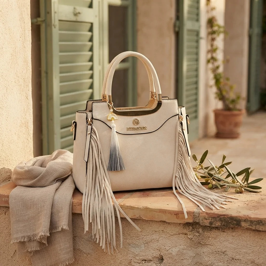 Ivory white fringe tote bag styled in a warm Mediterranean setting