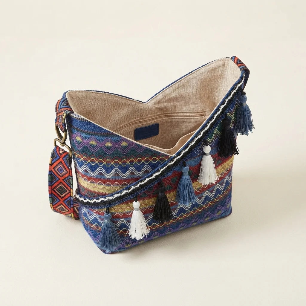 Interior lining and pockets of Blue woven fringe bag