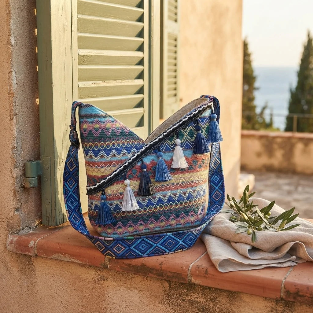 Blue woven fringe bag styled in a warm Mediterranean setting