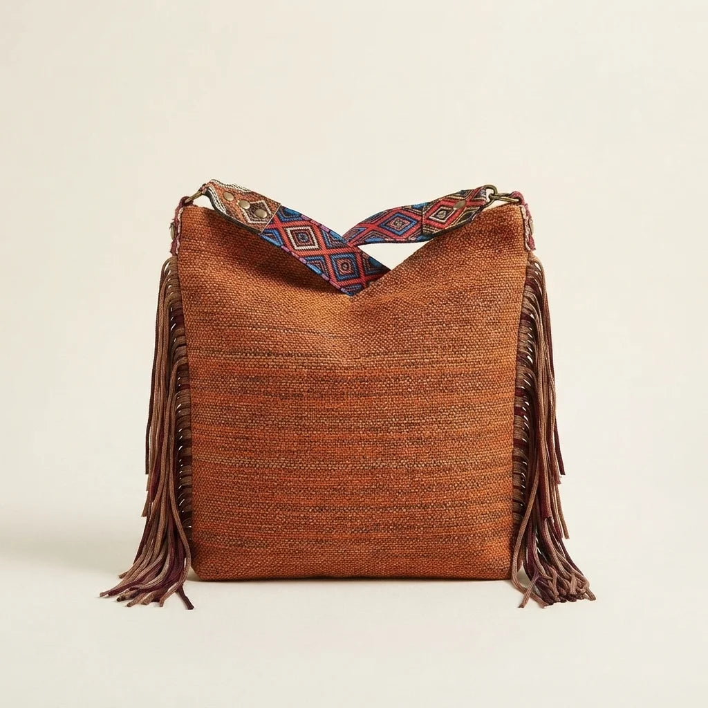 Back panel of Coffee woven fringe bag with strap attachments