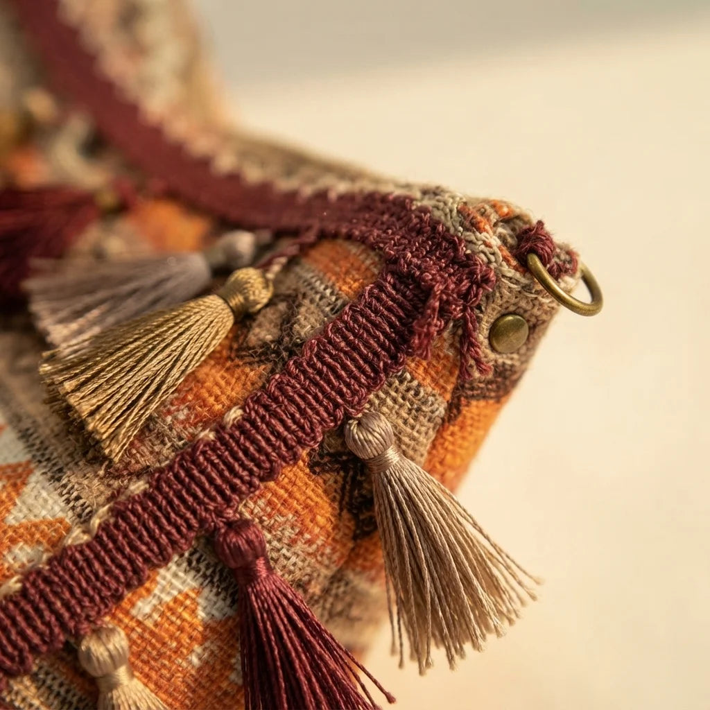 Close-up of fringe stitching and texture on Coffee woven fringe bag