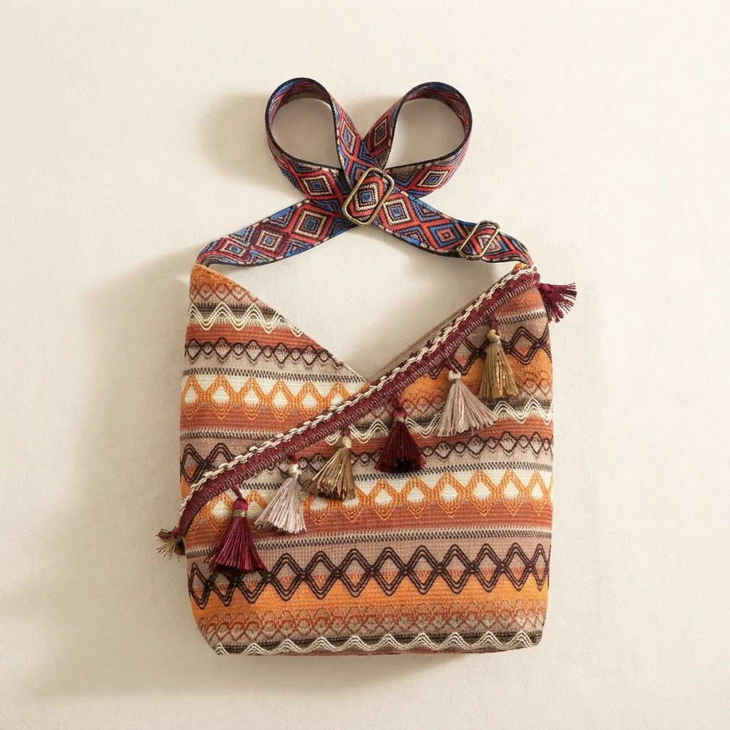 Coffee woven fringe bag, front view