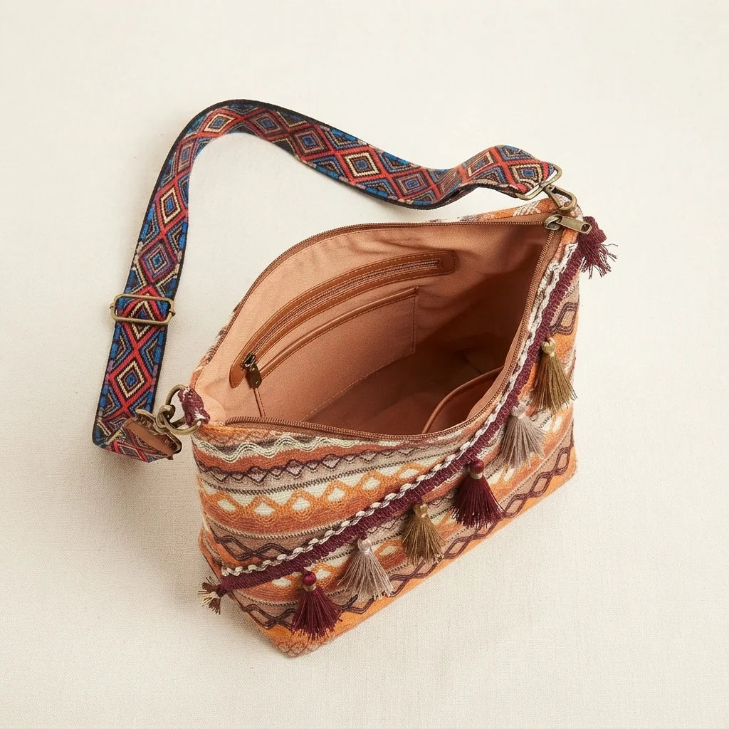 Interior lining and pockets of Coffee woven fringe bag
